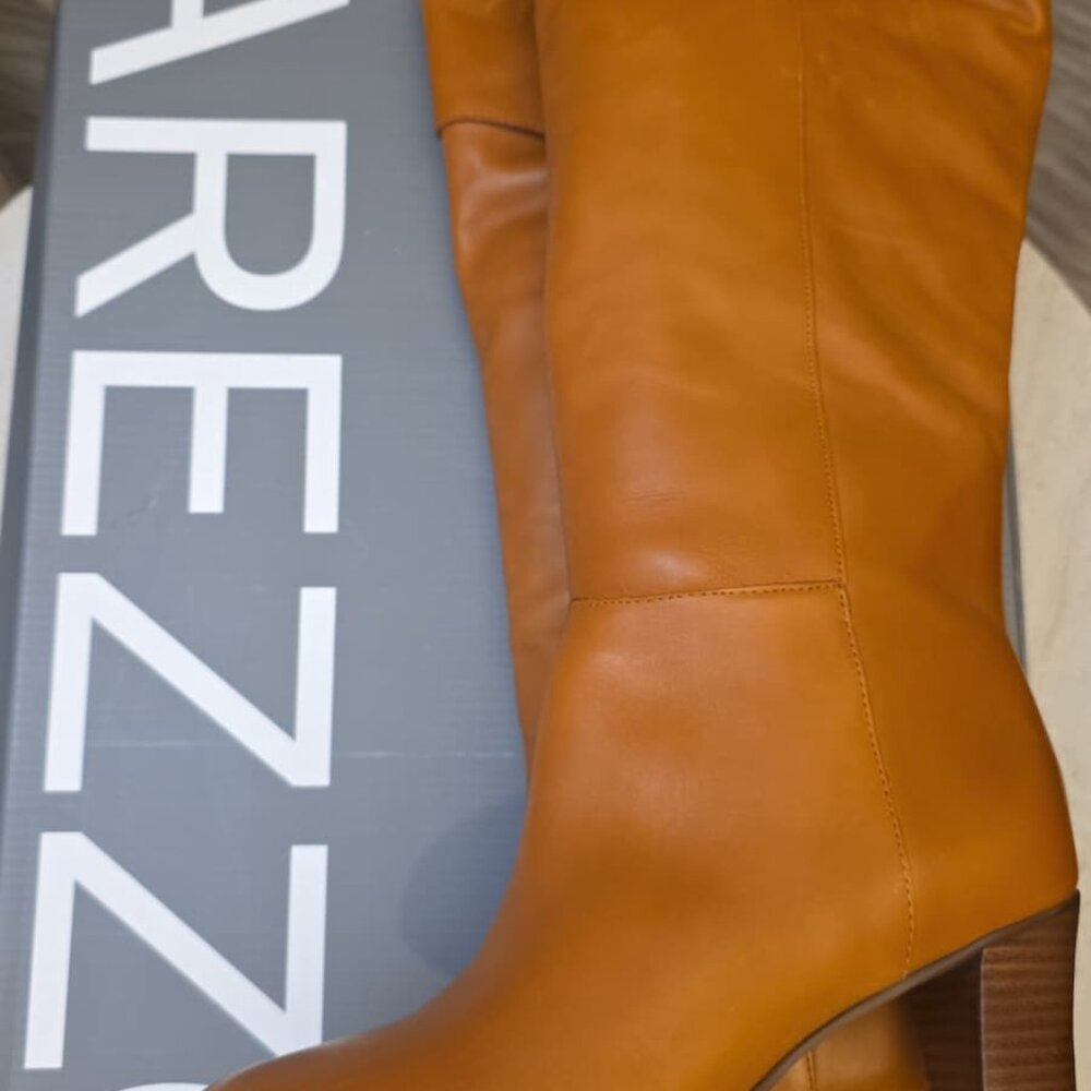 Arezzo Women's Vivian Leather Mid-Block Knee High Boots Caramel - Picture 2 of 4
